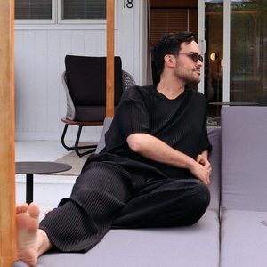 a SET of relaxed, light, gender neutral design loungewear for everyday in or out